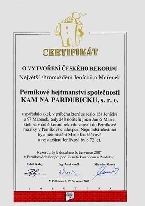 Certifikát o vytvoření rekordu v Setkání Jeníčků a Mařenek 2007