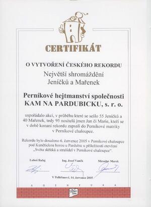 Certifikát o vytvoření rekordu v Setkání Jeníčků a Mařenek 2005