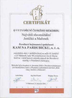 Certifikát o vytvoření rekordu v Setkání Jeníčků a Mařenek 2006